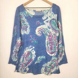 Soft Surroundings Paisley Tunic Top Women's M Blue Purple 3/4 Sleeve Boho Chic